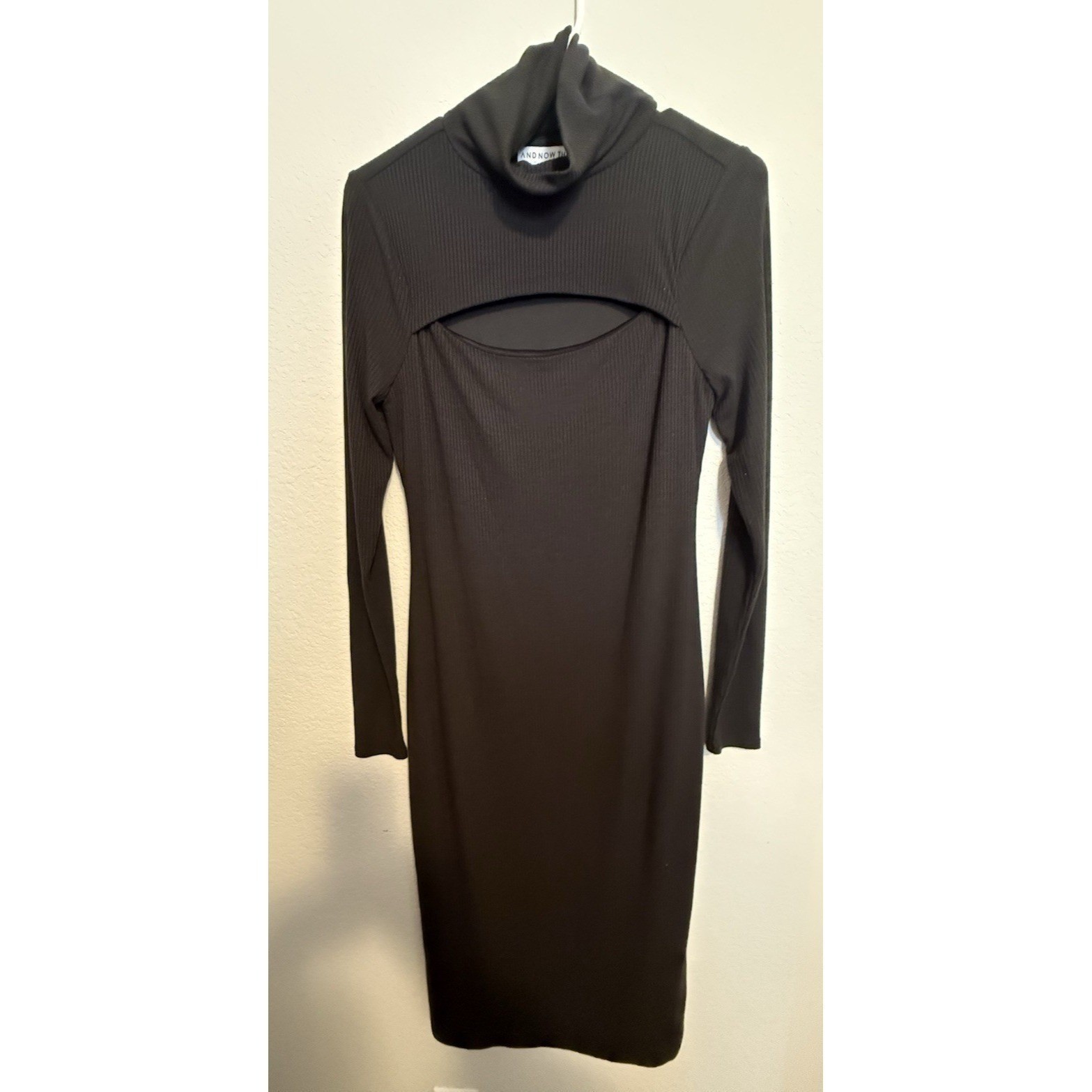 AND NOW Small Black Ribbed Turtleneck Cutout Long Sleeve Bodycon Midi Dress