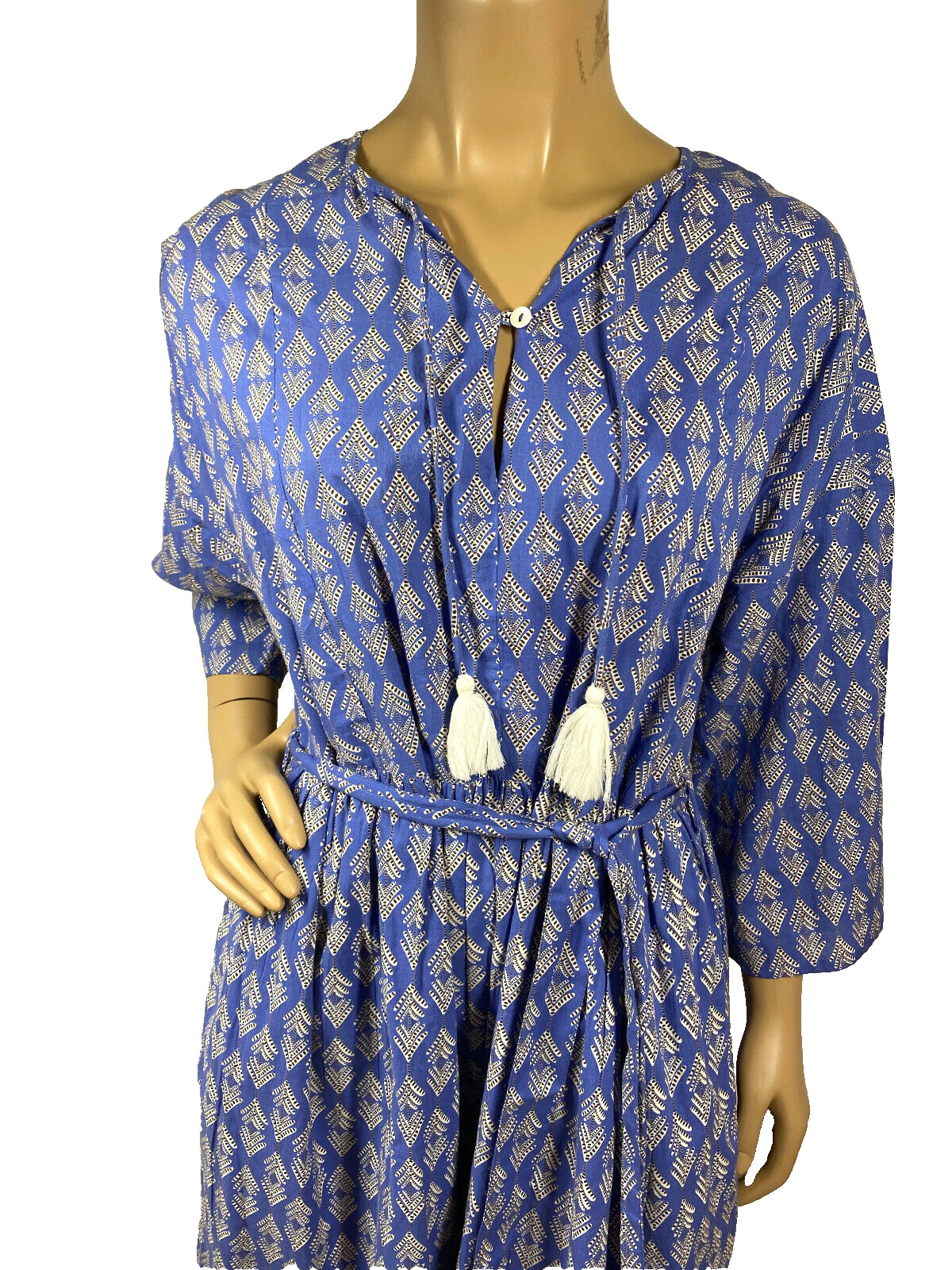 Graymarket Designs Hand Block Printed Dress Size S/M Blue Keyhole Neck Belted