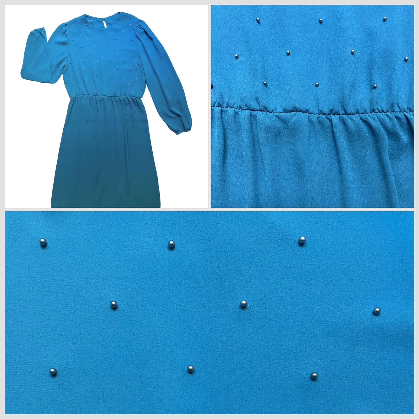 VTG 80s Ruffle Balloon Long Sleeve Midi Dress Blue Pearl Front Accent Women’s 10