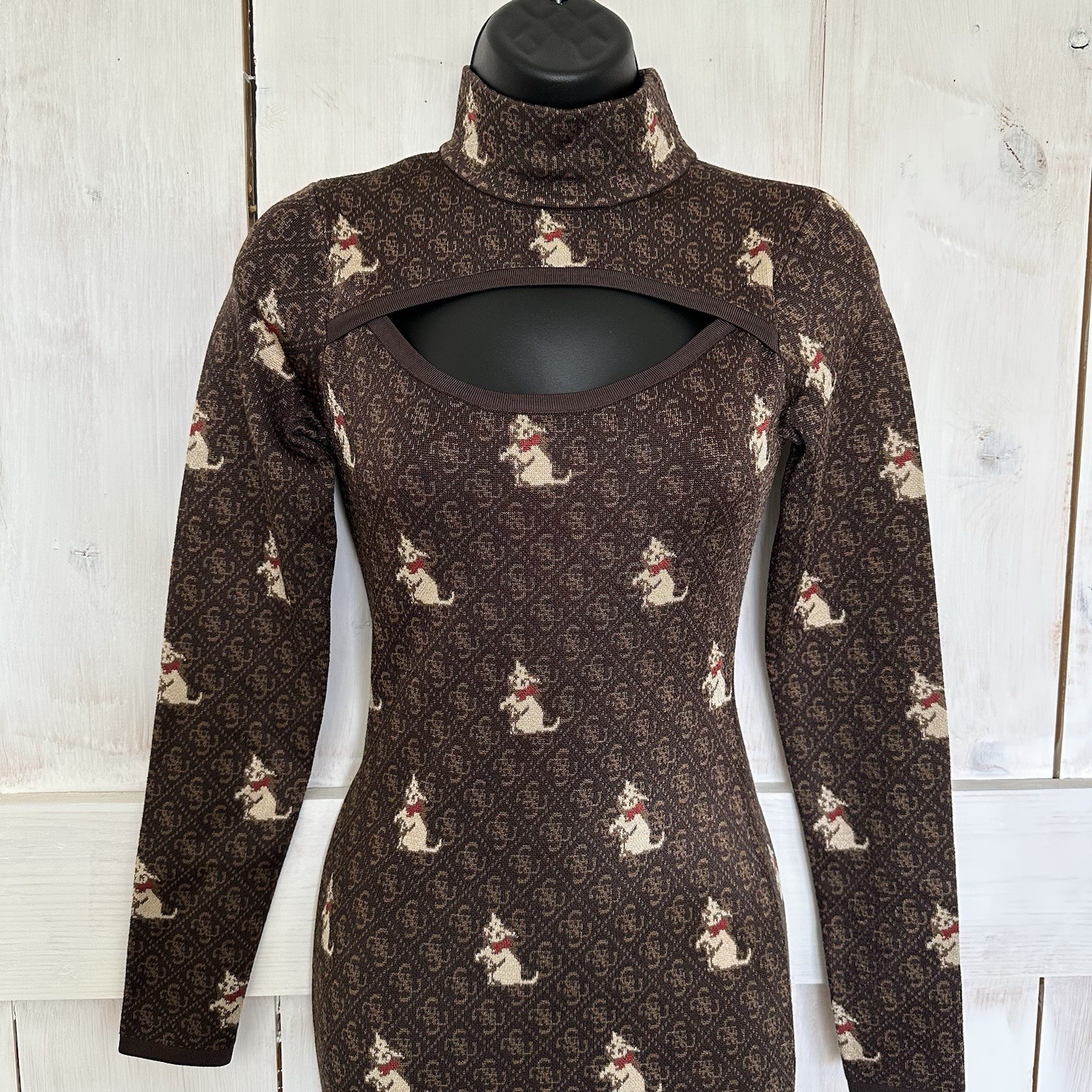 Brandalised Banksy Graffiti Cat Monogram Cutout Mock Neck Mini Dress Brown XS