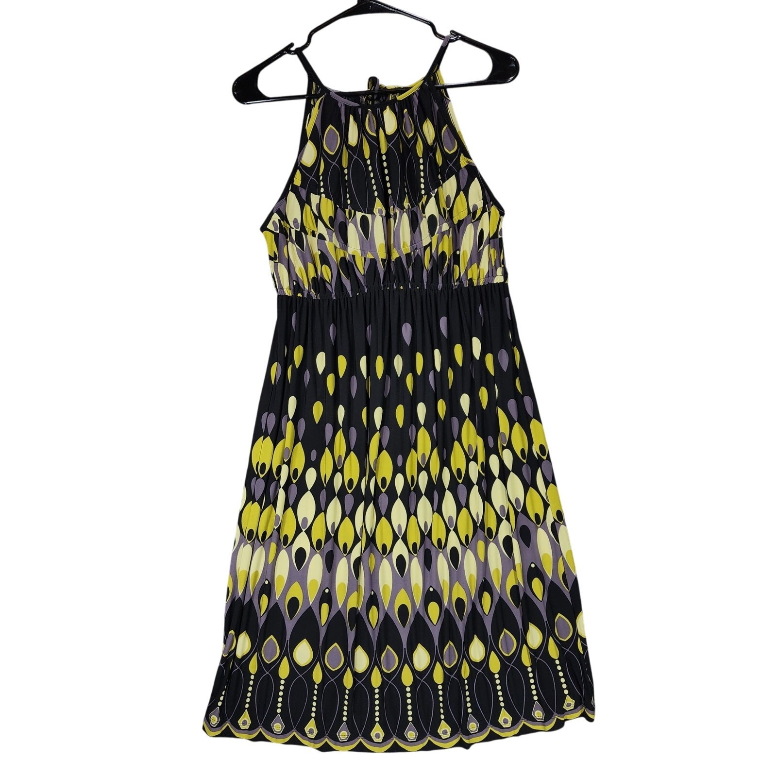 Muse Midi Dress sz 8 Women Swing A-Line Yellow Black Abstract Fit Flare Jersey