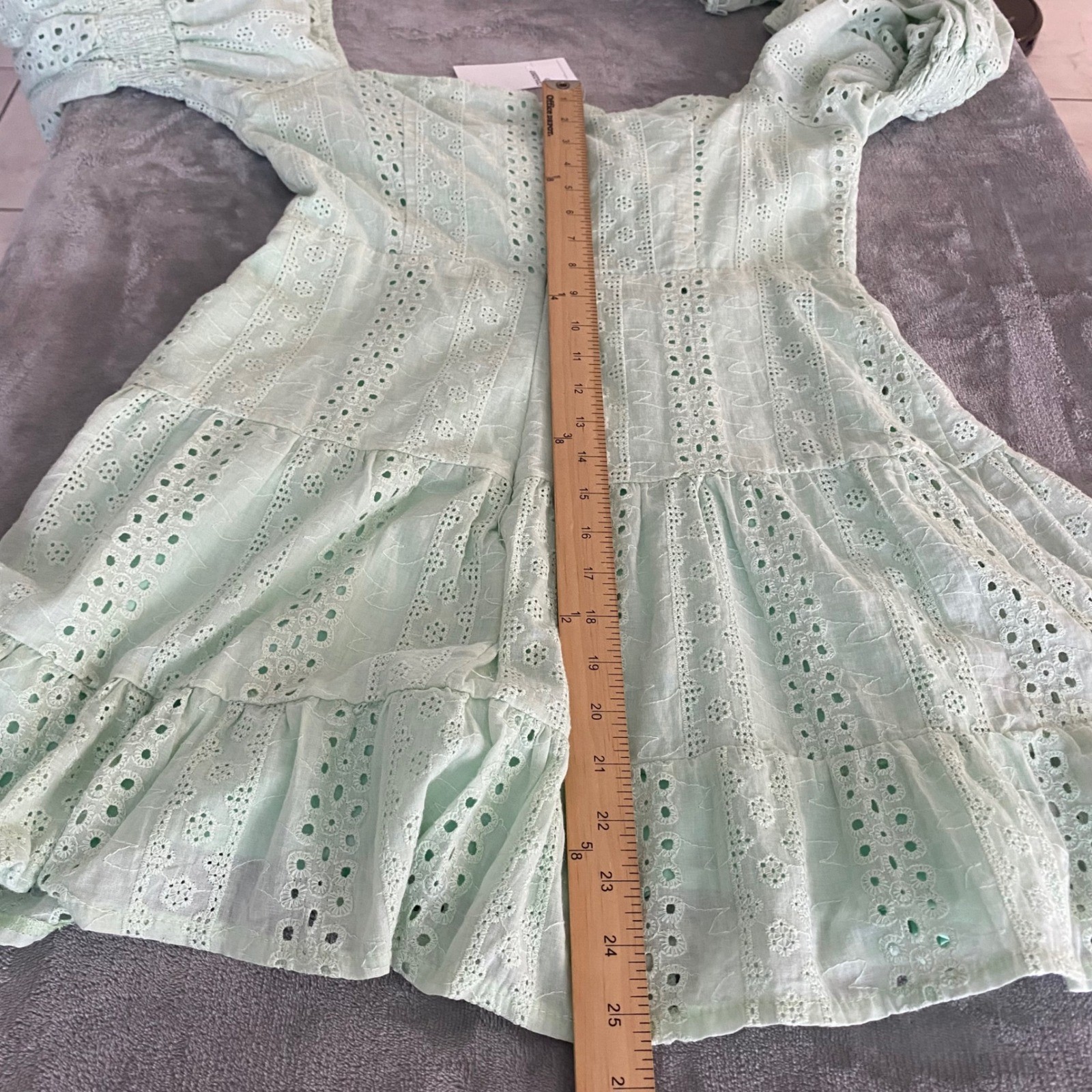 Chicways Eyelet Lace Mini Dress Womens L Mint Green Cutout Bell Sleeve NWT