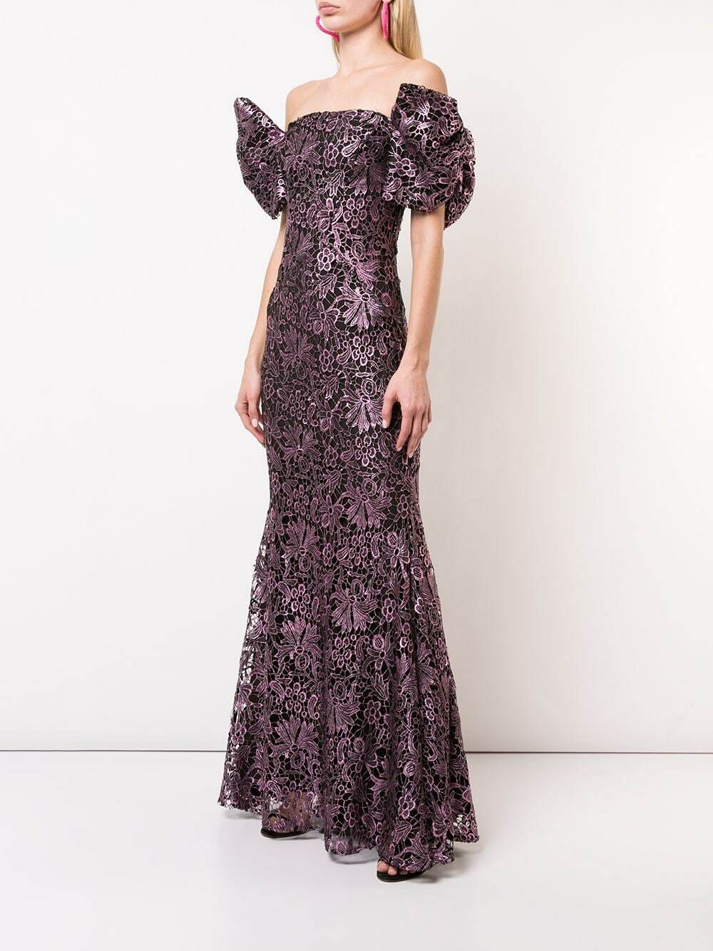 ZAC POSEN Pink Metallic Embroidered Guipure Lace Off Shoulder Bow Maxi Gown 6 S