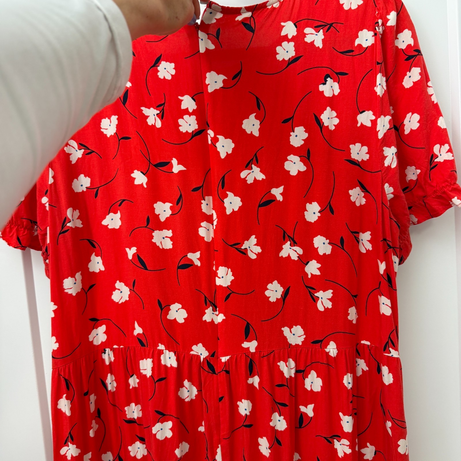 J.Crew Re-Imagined Red Floral Tiered Midi Dress XL Puff Sleeve 100% Viscose