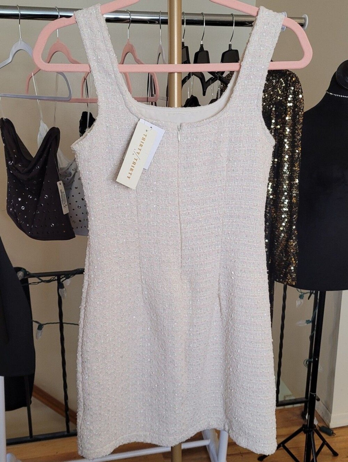 Thirty Thirty LA Classic Pink & Cream Tweed Sleeveless Mini Dress Size XL NWT