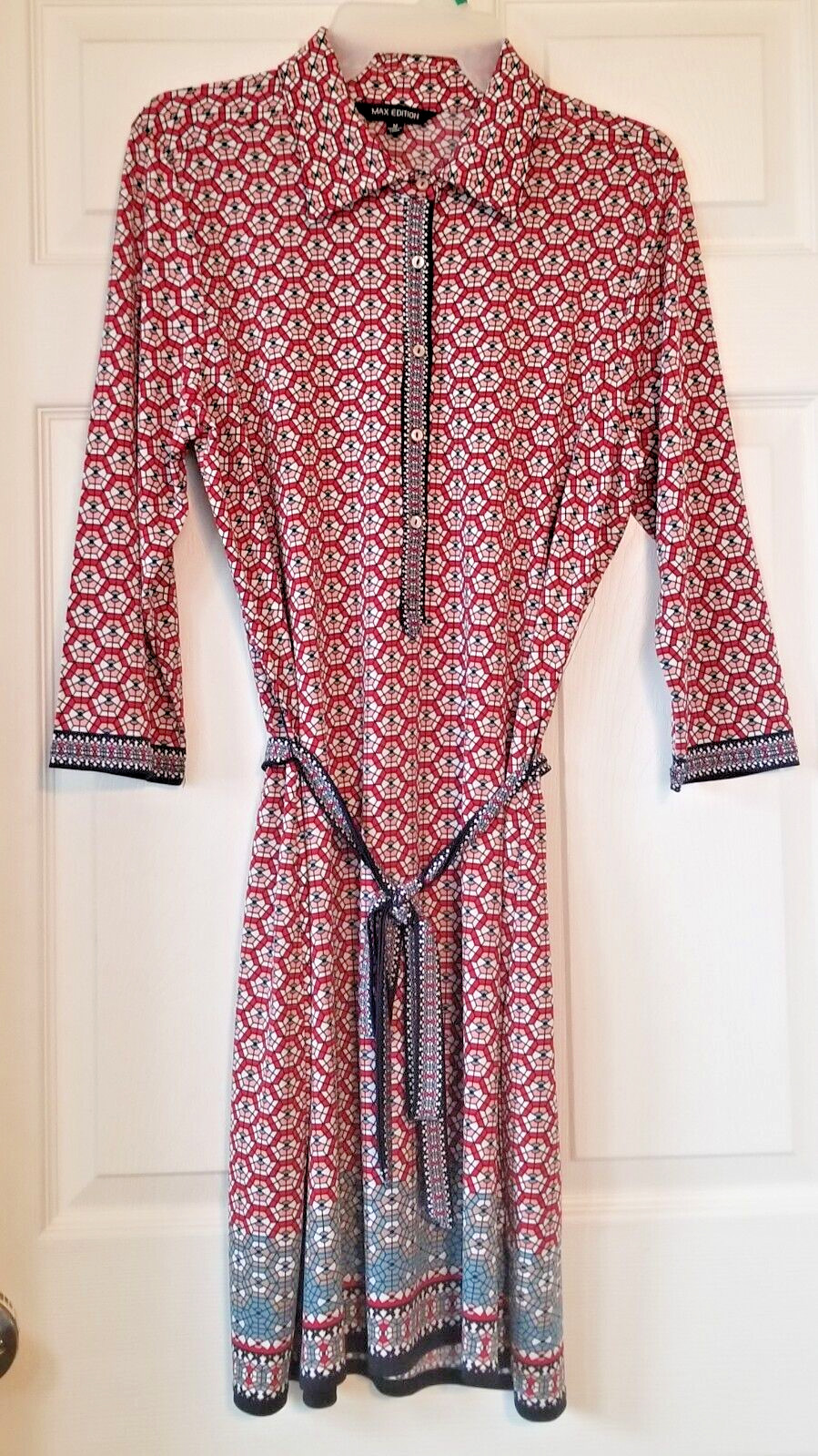 MAX EDITION Multicolor Print Shirt Dress 3/4 Sleeve Belted Career Office Size M