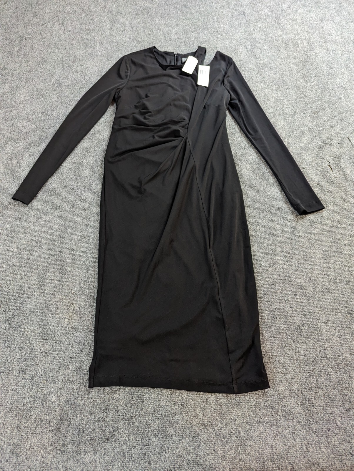 Neiman Marcus Dress Black Size Small Midi Open Shoulder Ruched Long Sleeve NWT!