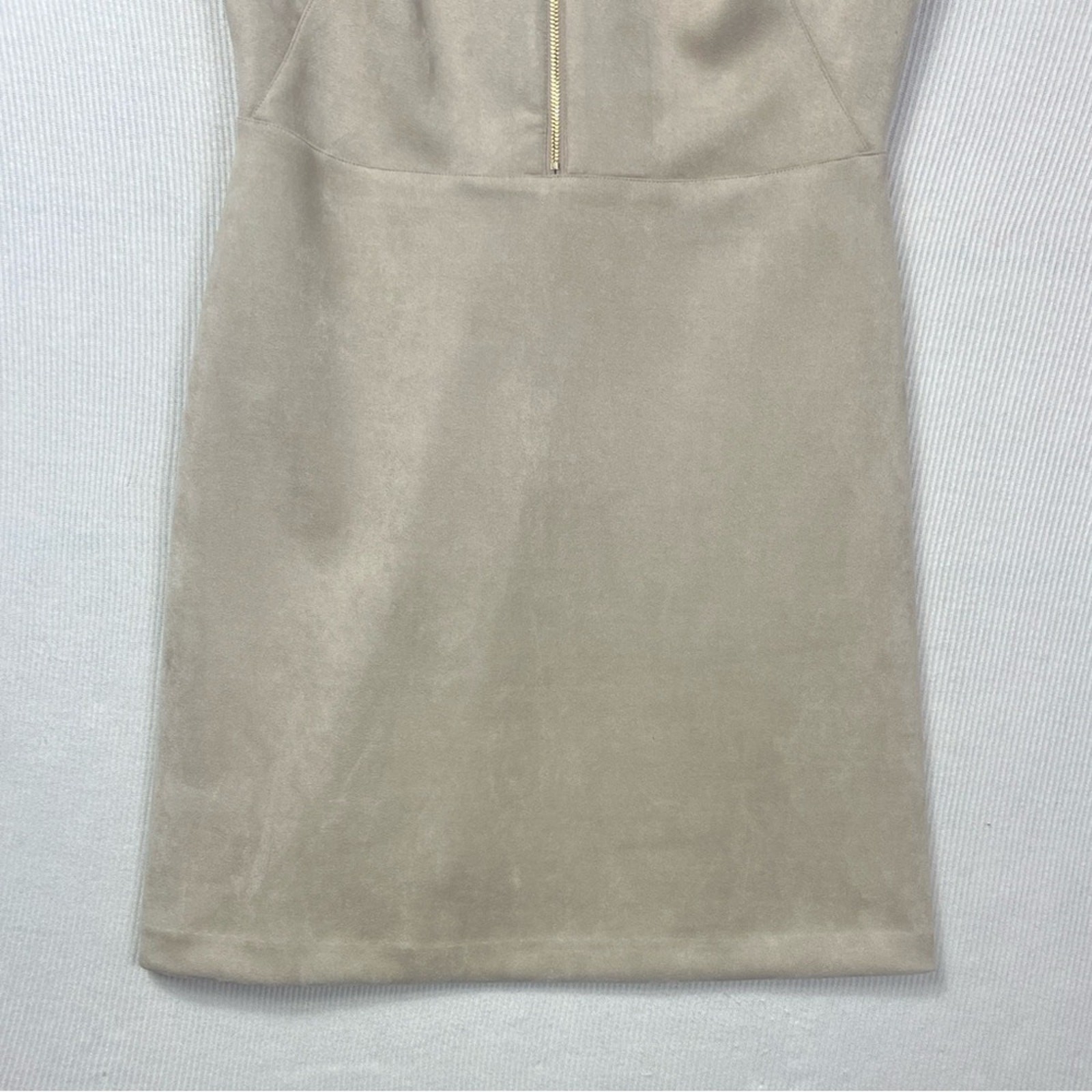 Calvin Klein Size 10 Faux Suede Sheath Dress Front Zipper Logo Pull Short Sleeve