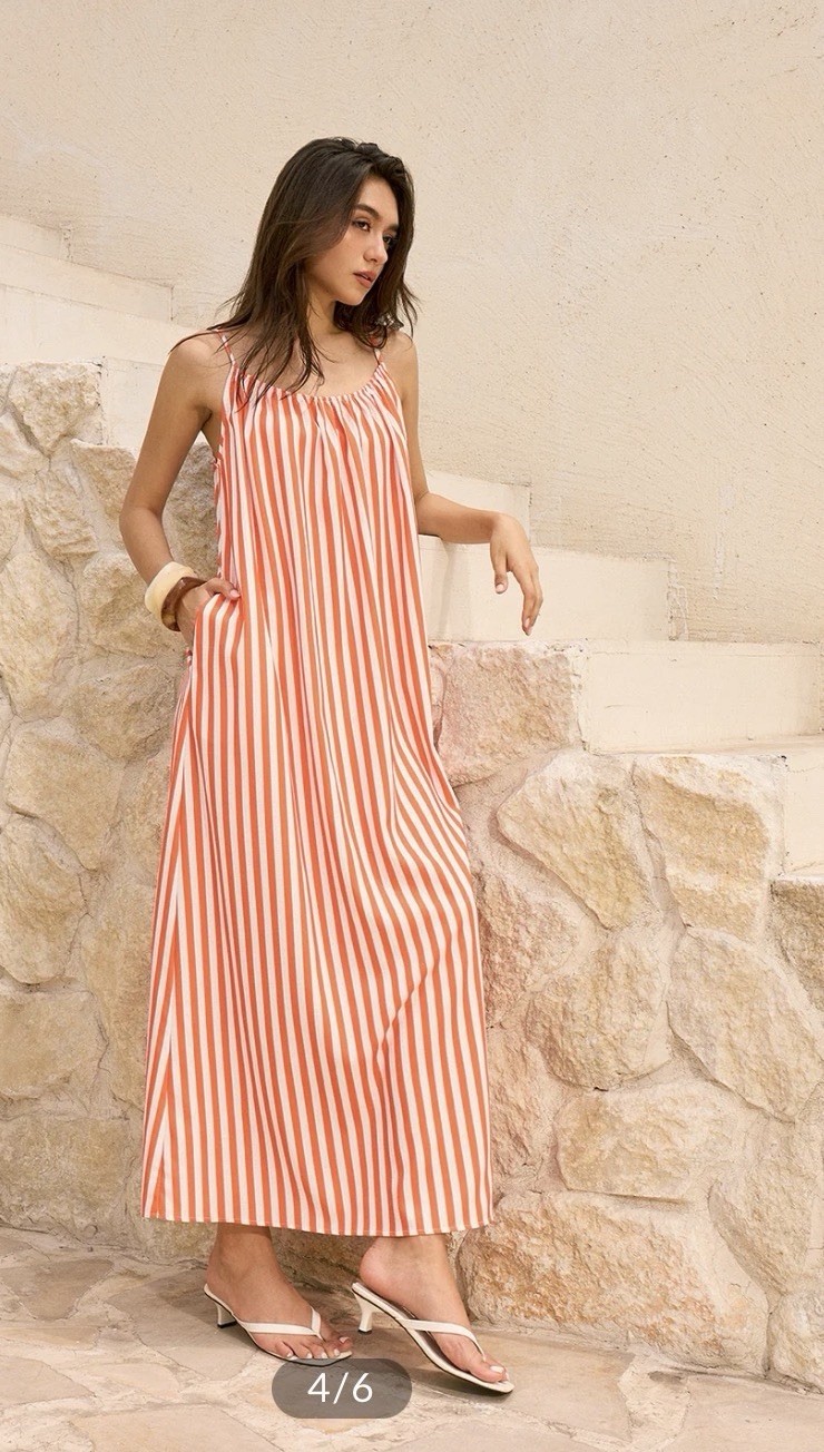 NWT Commense Orange Striped Backless Maxi Dress W/Pockets Size Small Vacay
