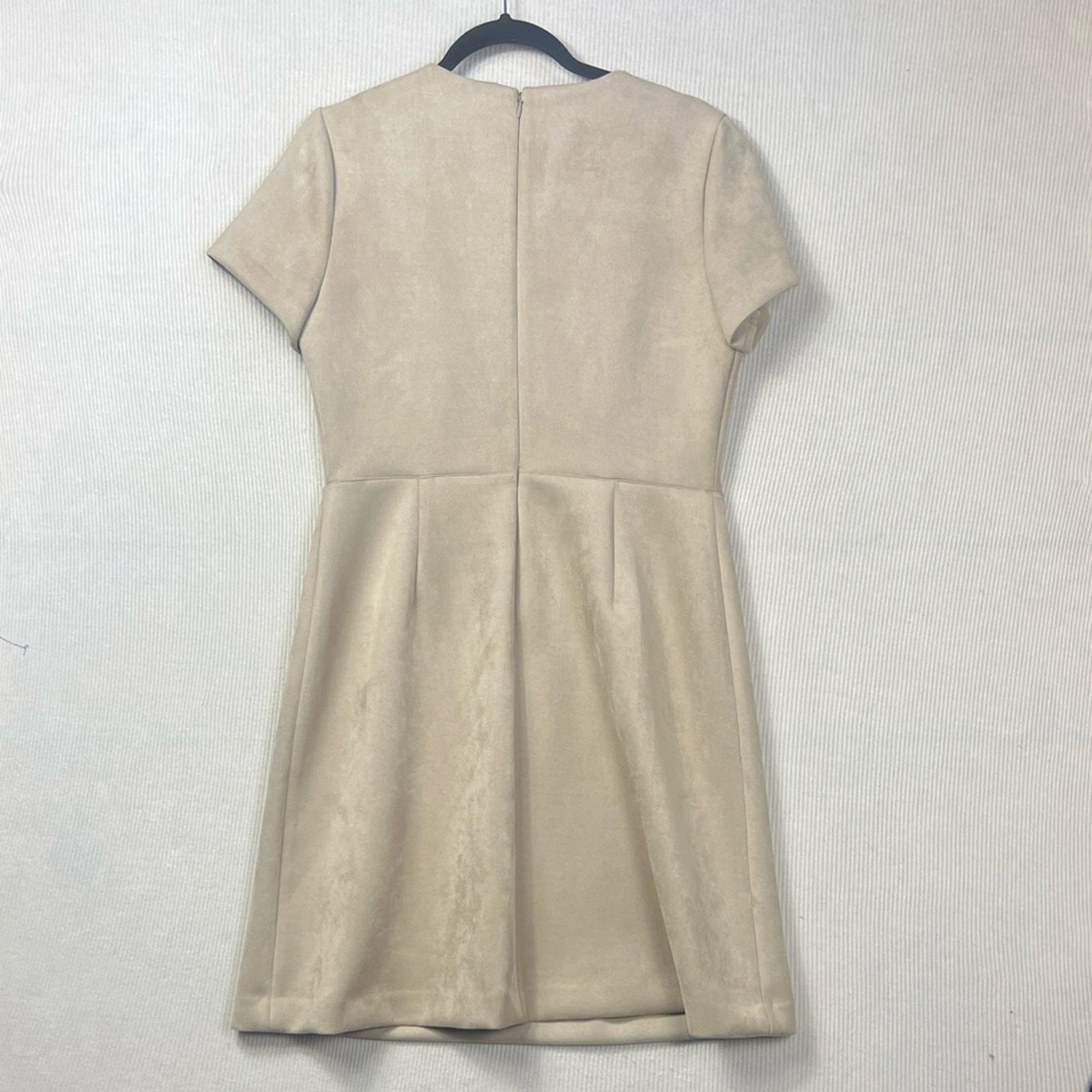 Calvin Klein Size 10 Faux Suede Sheath Dress Front Zipper Logo Pull Short Sleeve