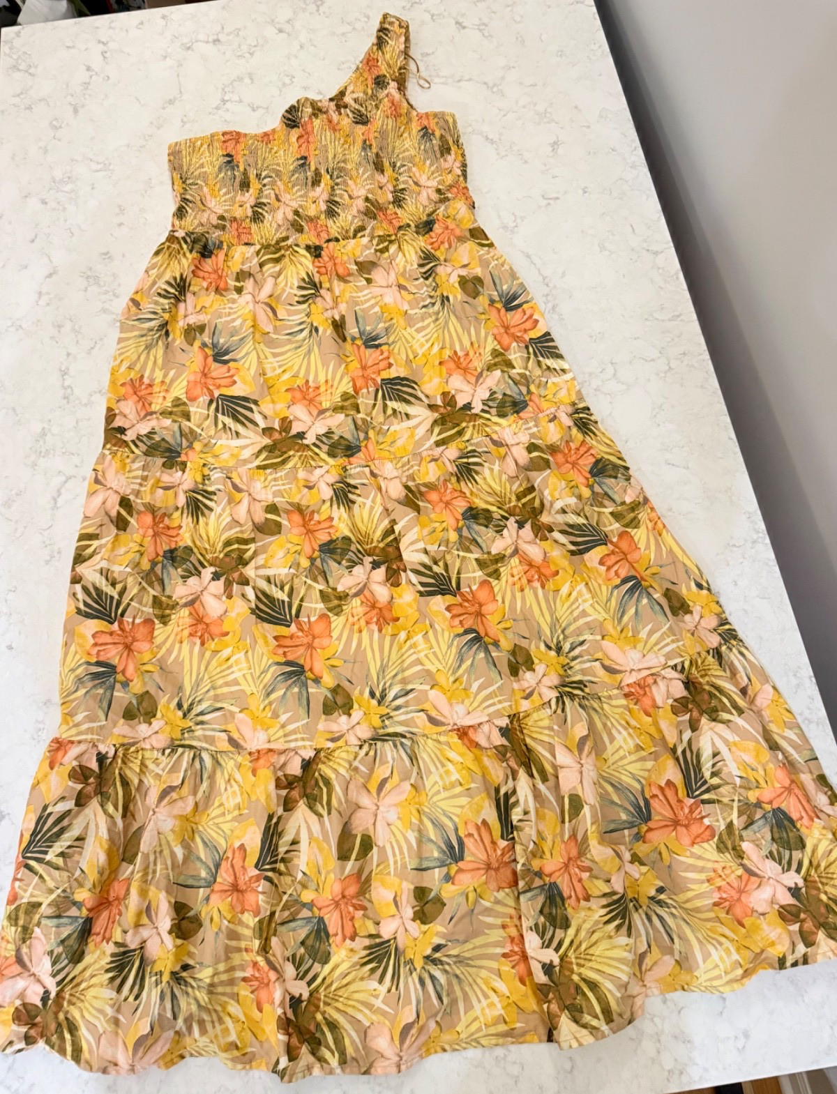 Time & Tru Women’s XL (16-18) Tropical Floral One Shoulder Maxi Dress Stretch