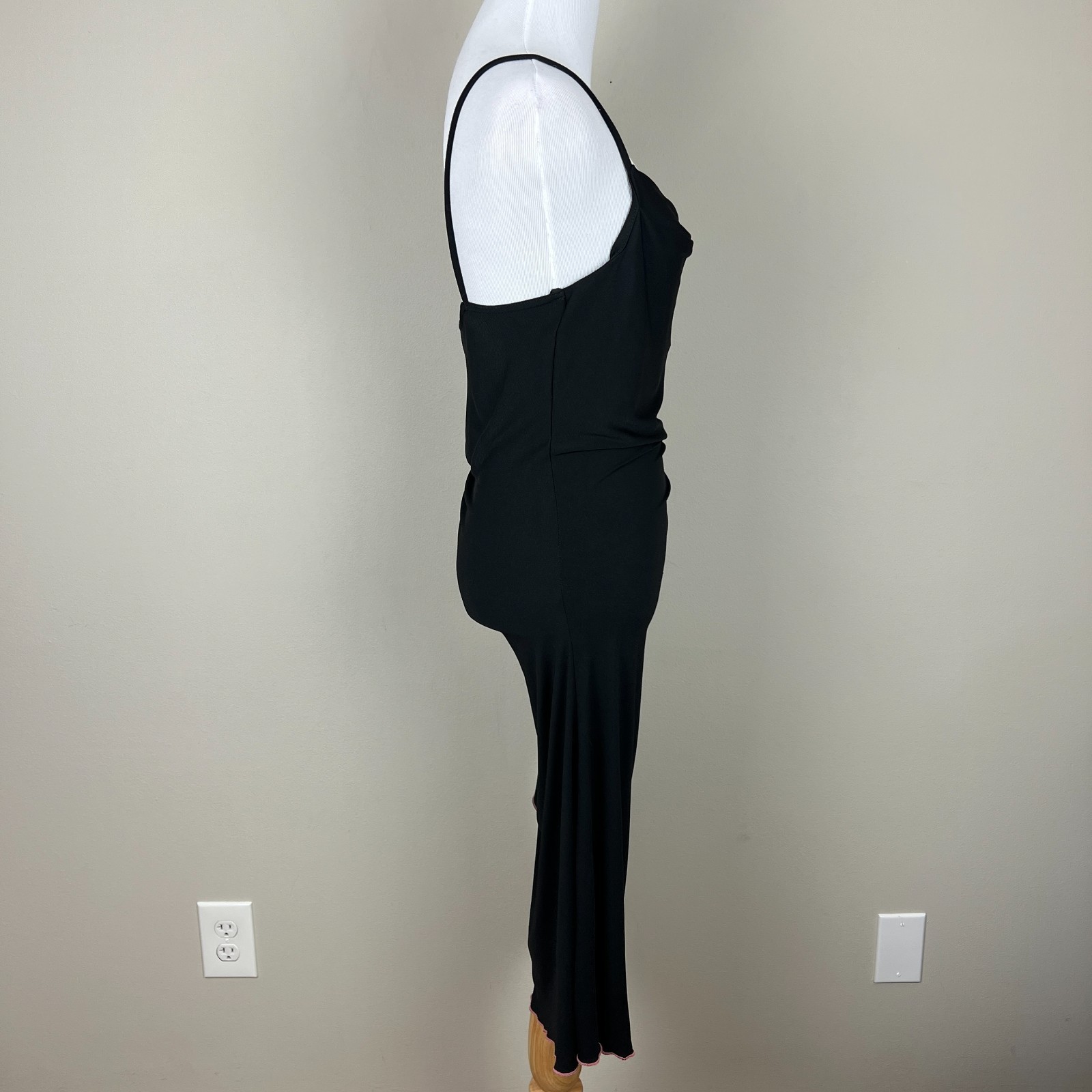 Vintage Y2K 90s City Triangles Dress Large Black Pink Ruched Draped Cowl Neck L