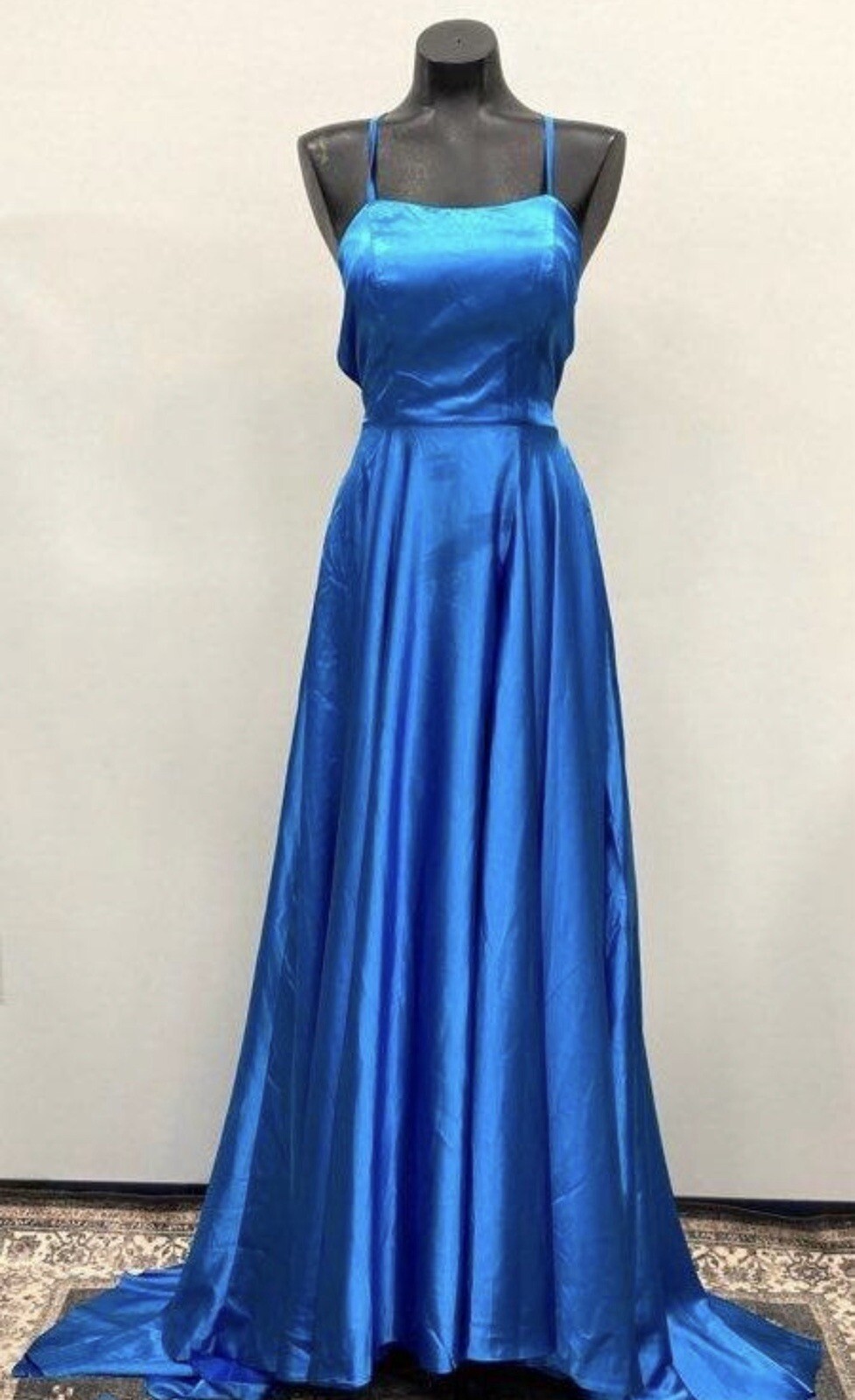 New Stacees Med 8 blue Sweep Train Satin Gown Dress Prom Open Back Formal Tie