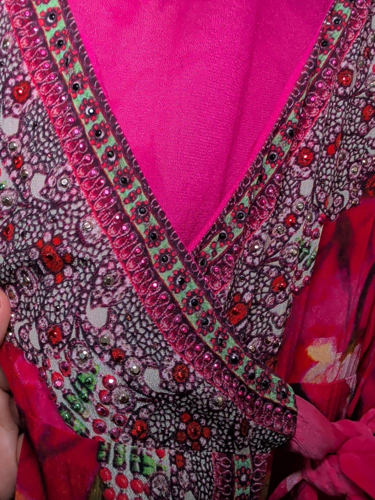 SHAHIDA PARIDES Rhinestone Beaded Wrap Maxi Dress Silk Sz M/L Floral Print Pink