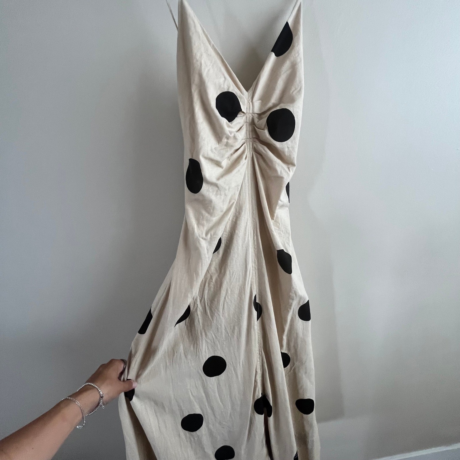 Tanya Taylor Meredith Dress Polka Dot Linen Ruched V Neck Cream Midi 4