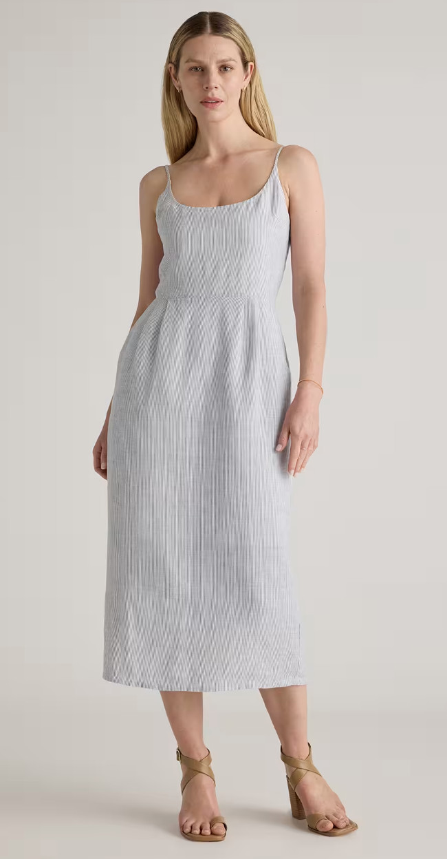 NWT Quince 100% Linen Blue Seersucker Midi Dress XS – Travel Garden Party Euro