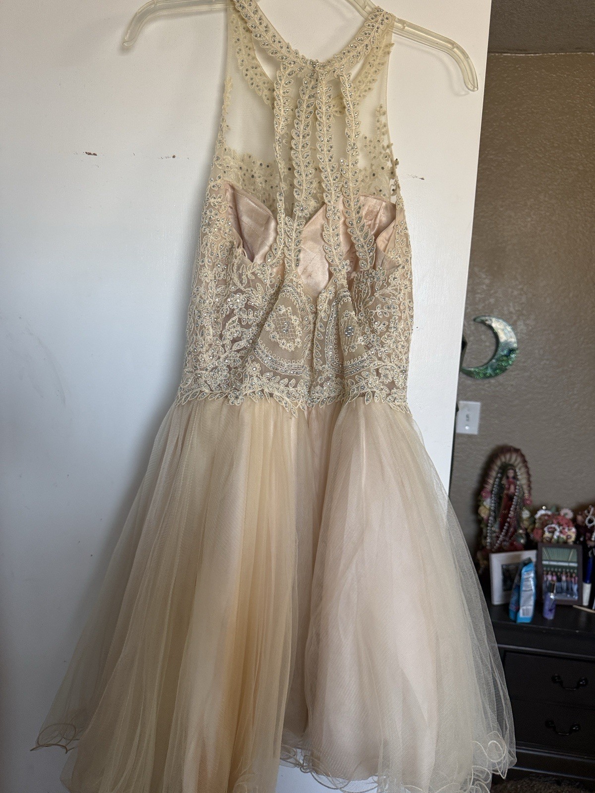 Cinderella XL Beige Halter Fit & Flare Tulle Lace Beaded Sequin Dress