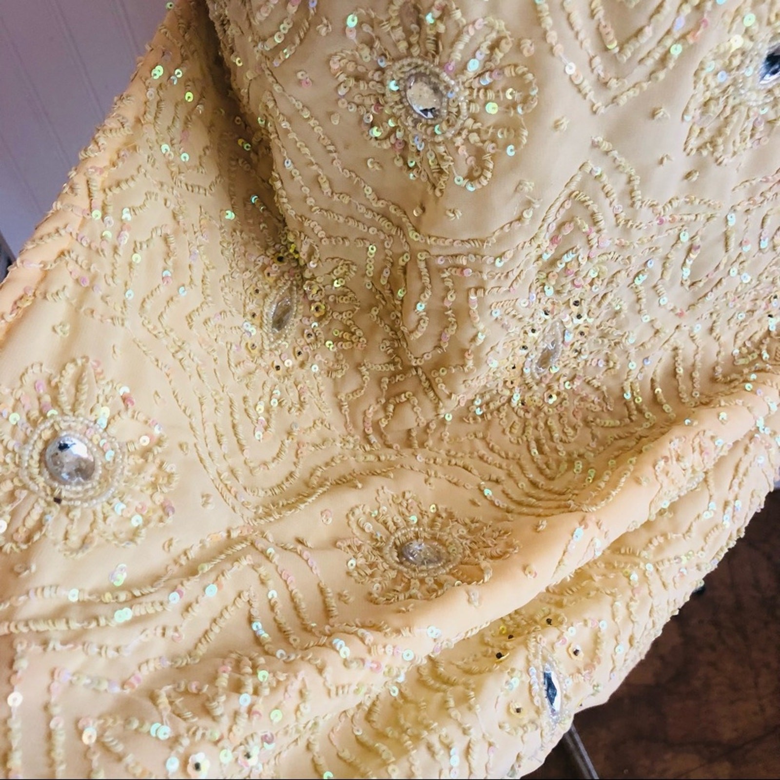 Vintage Yellow ButterCup Sequin Beaded Tunic Top Indian Dress Rhinestones Fancy