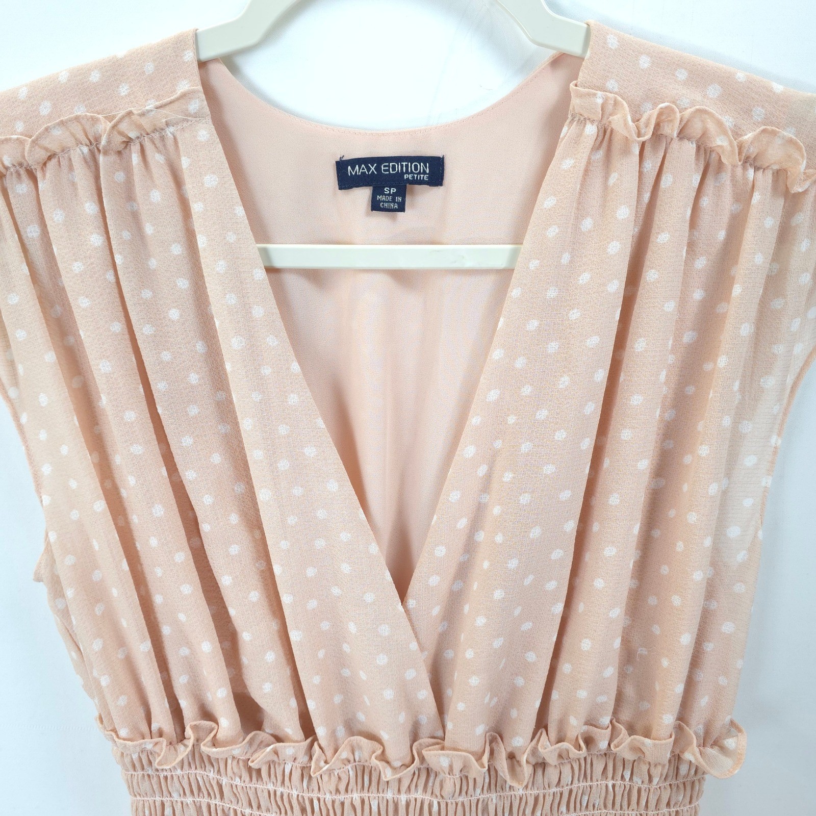 Max Edition Petite Polka Dot Dress Peach Smocked Waist Fit Flare S Feminine Chic