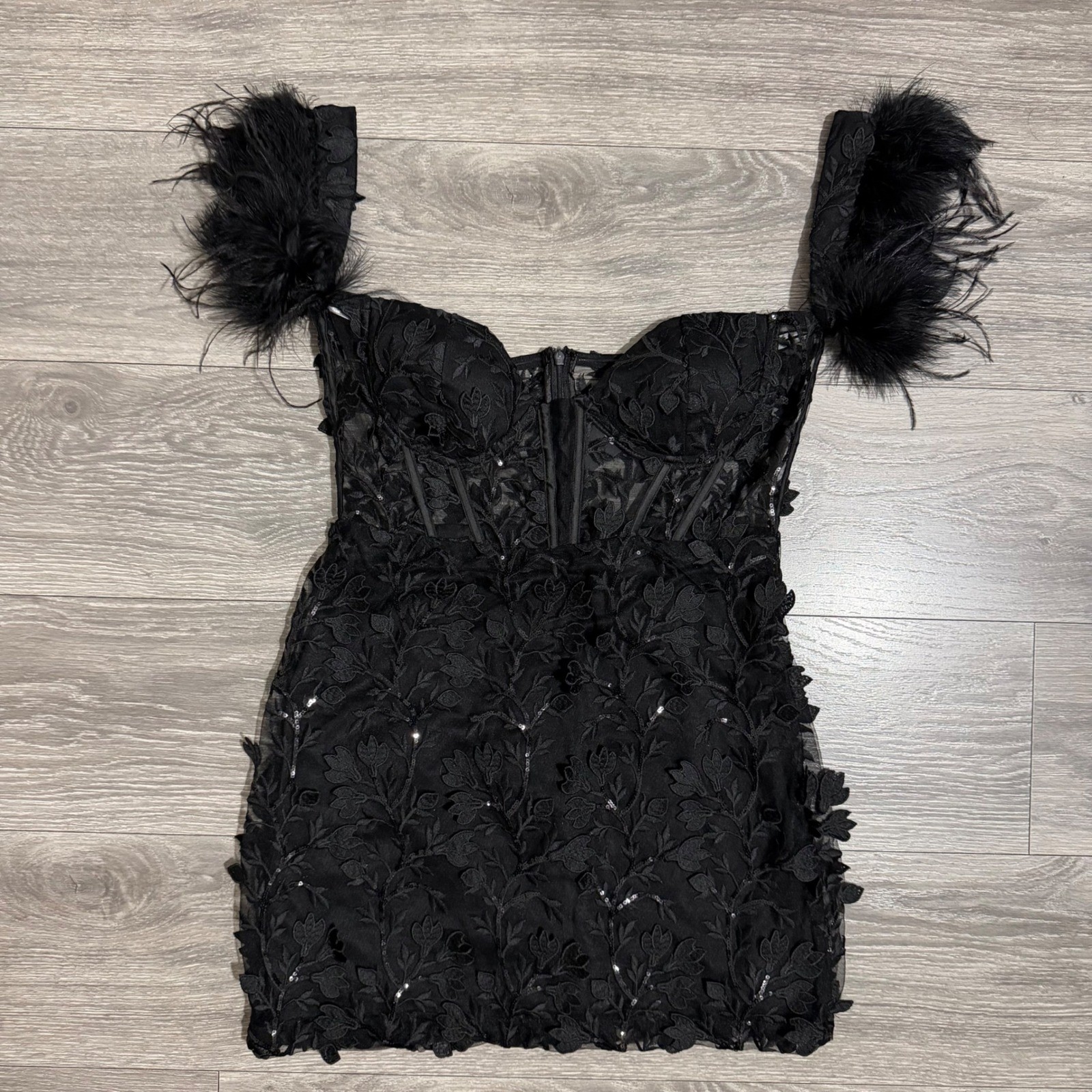 Goth Corset Mini Dress XL Black Sequin Embroidered Feather Off-the-Shoulder Glam