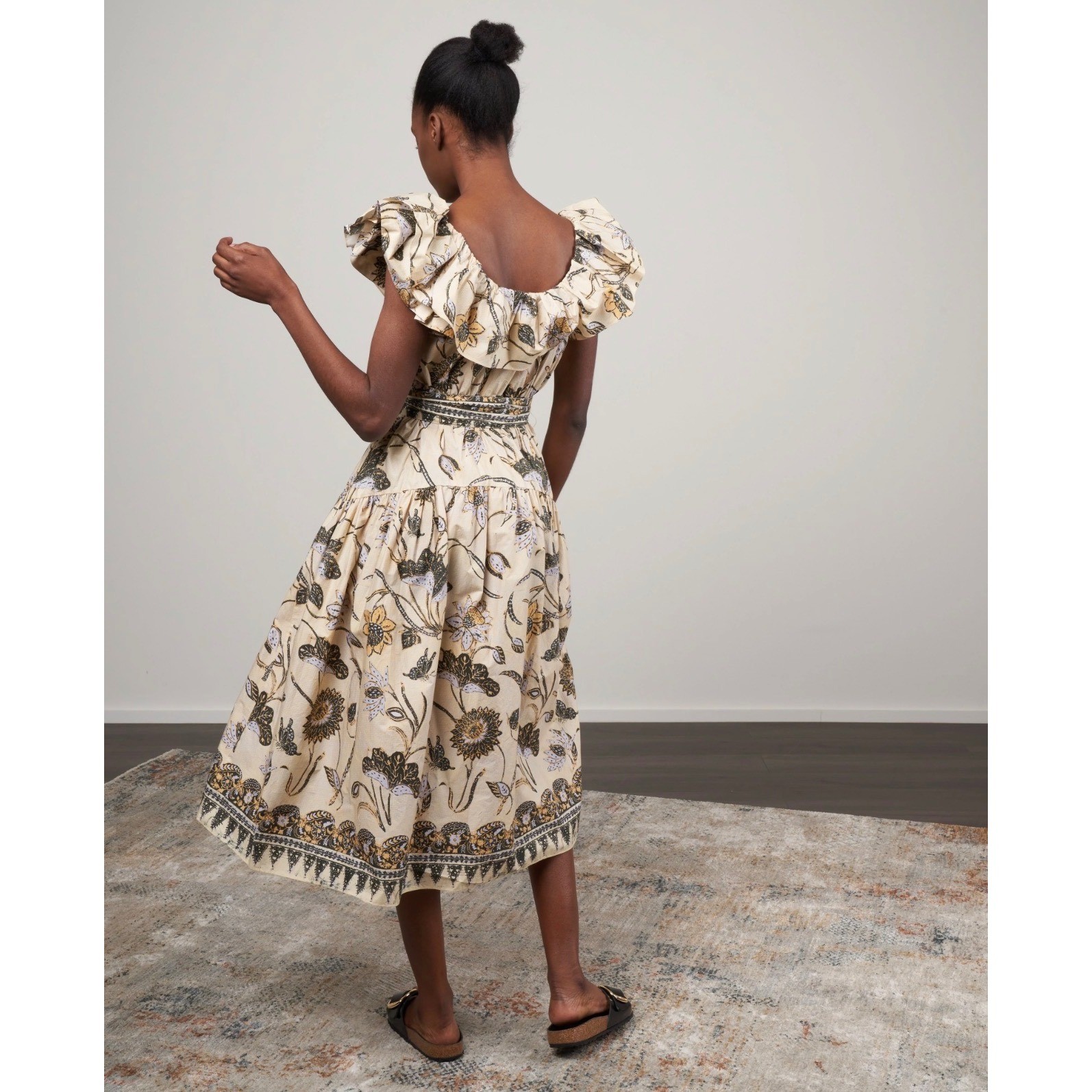 Ulla Johnson Floral Cotton Midi Dress Cream Black Yellow Size 6 coquette Summer