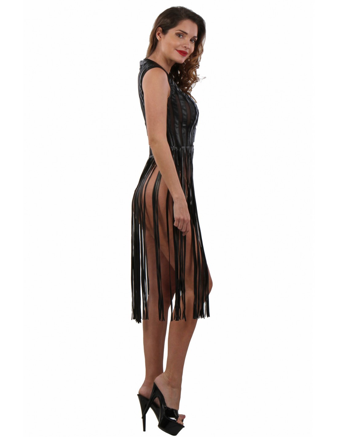 Women Sexy Dress Wet Look Look Semi Sheer Long Dress Party Fringe Buttons