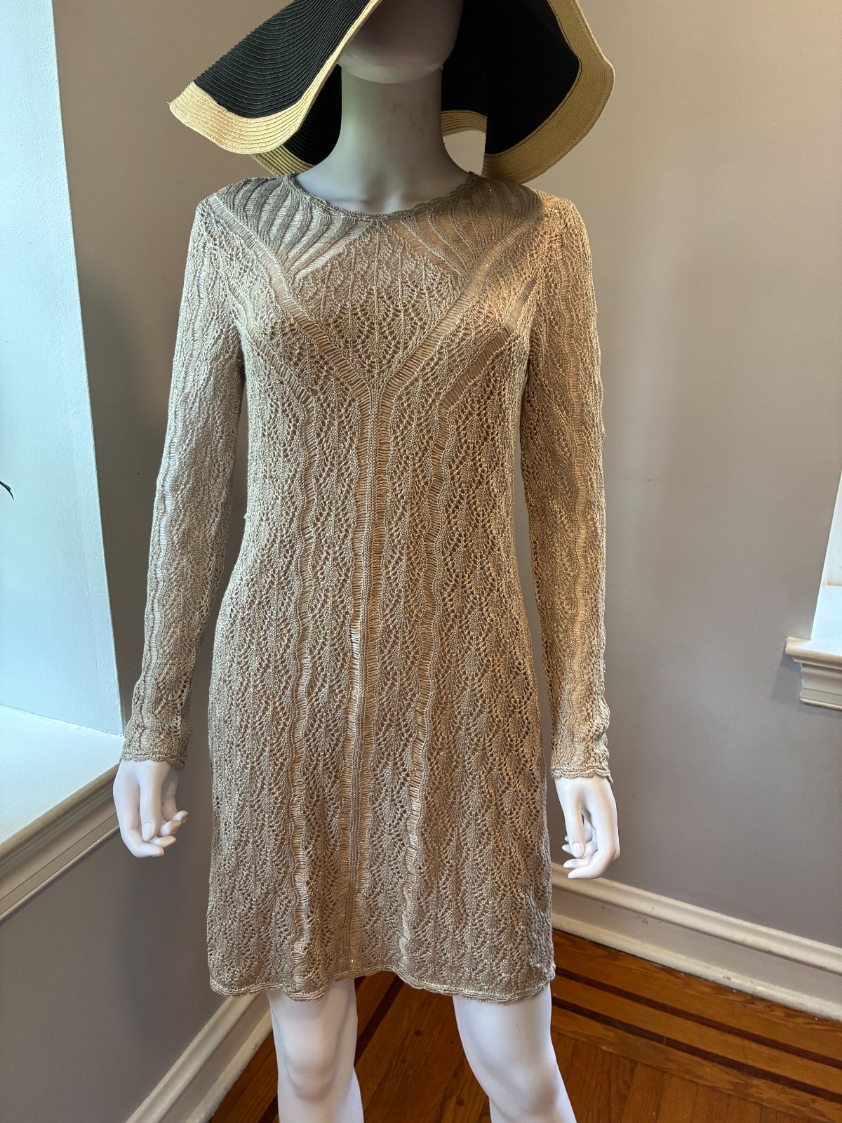 Lauren Ralph Lauren Linen-Blend Knit Sweater Dress Tan Gold Open Work Medium