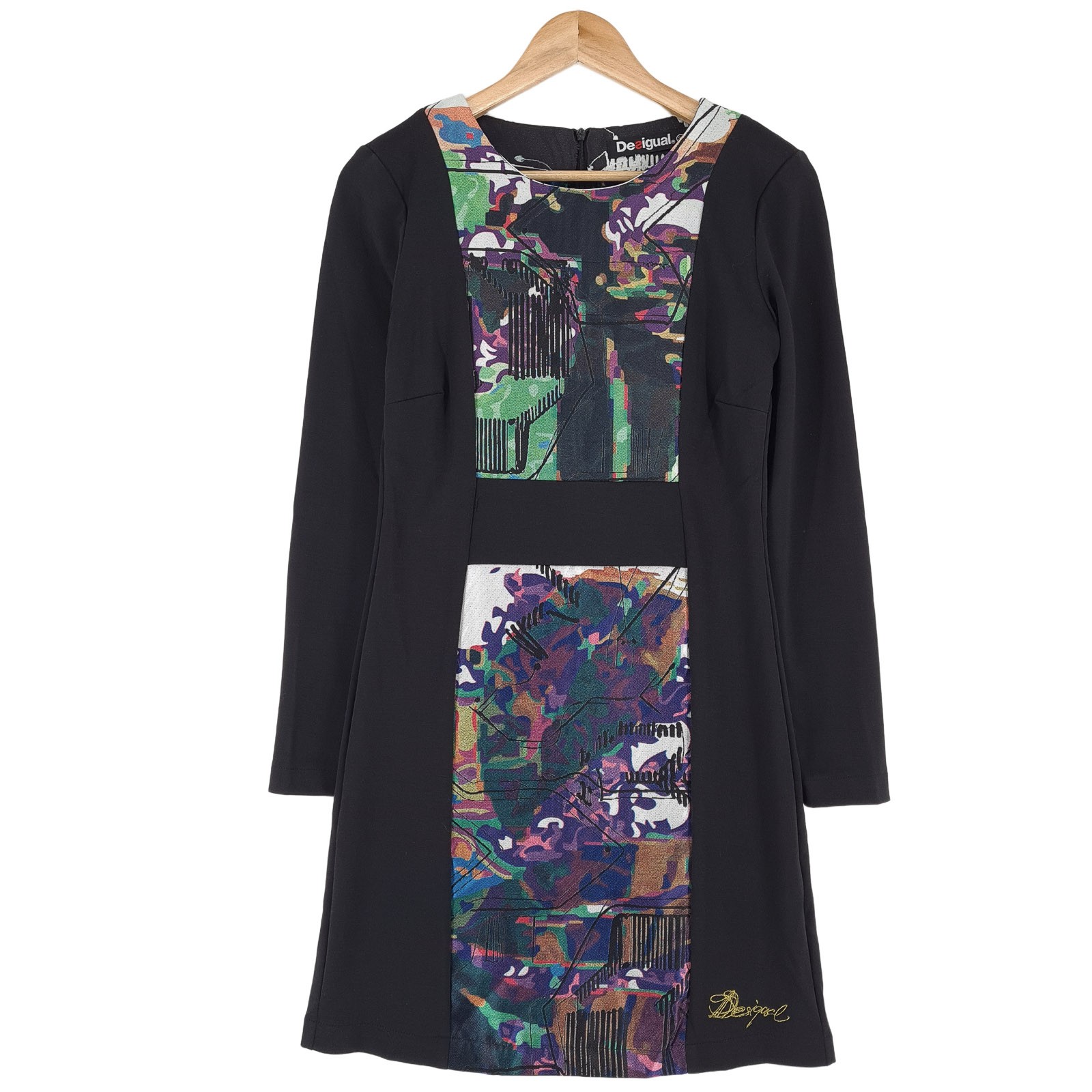 Desigual A-Line Dress Black Abstract Graphic Print Long Sleeve Size 38