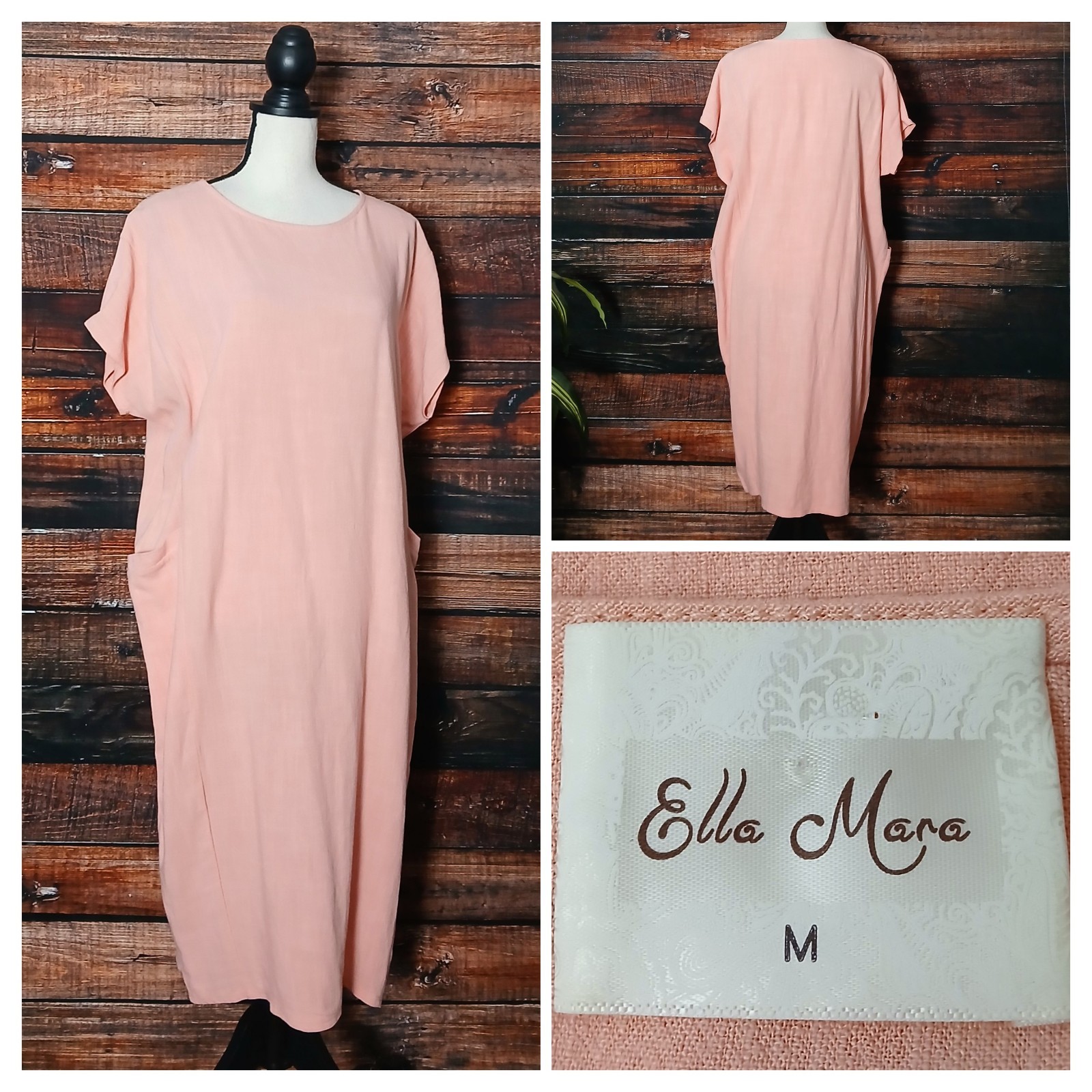 Ella Mara Vintage Midi Dress M Rayon Linen Blend Pink Oversized Tunic USA Made