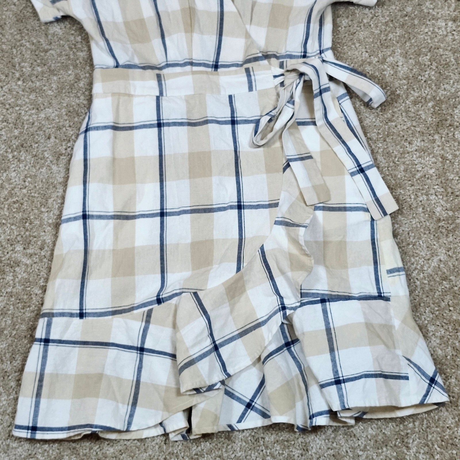 JOA Wrap Dress Tan Navy Blue Plaid Ruffle Hem Preppy Size M