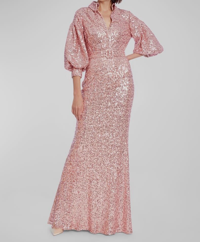 $891 Badgley Mischka Women’s Pink Belted Bishop-Sleeve Sequin Gown Dress Size 4
