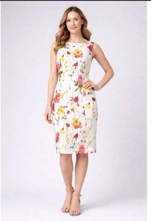 Jones New York 100% Linen Floral Shift Dress Sleeveless White Pink Yellow 4