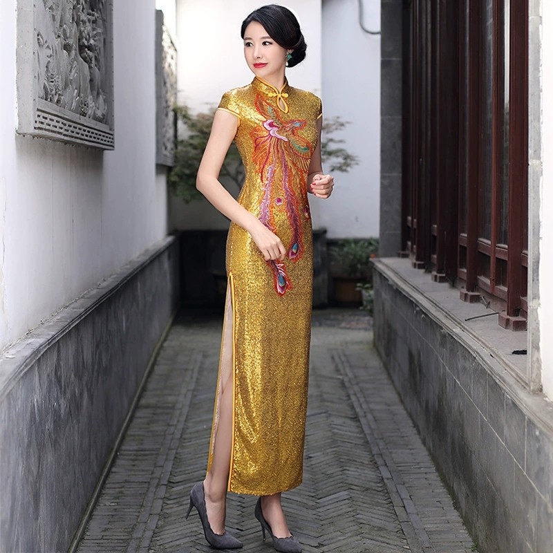 Women Sequined High Split Slim Stage Party Dress Phoenix Embroidered Cheongsam