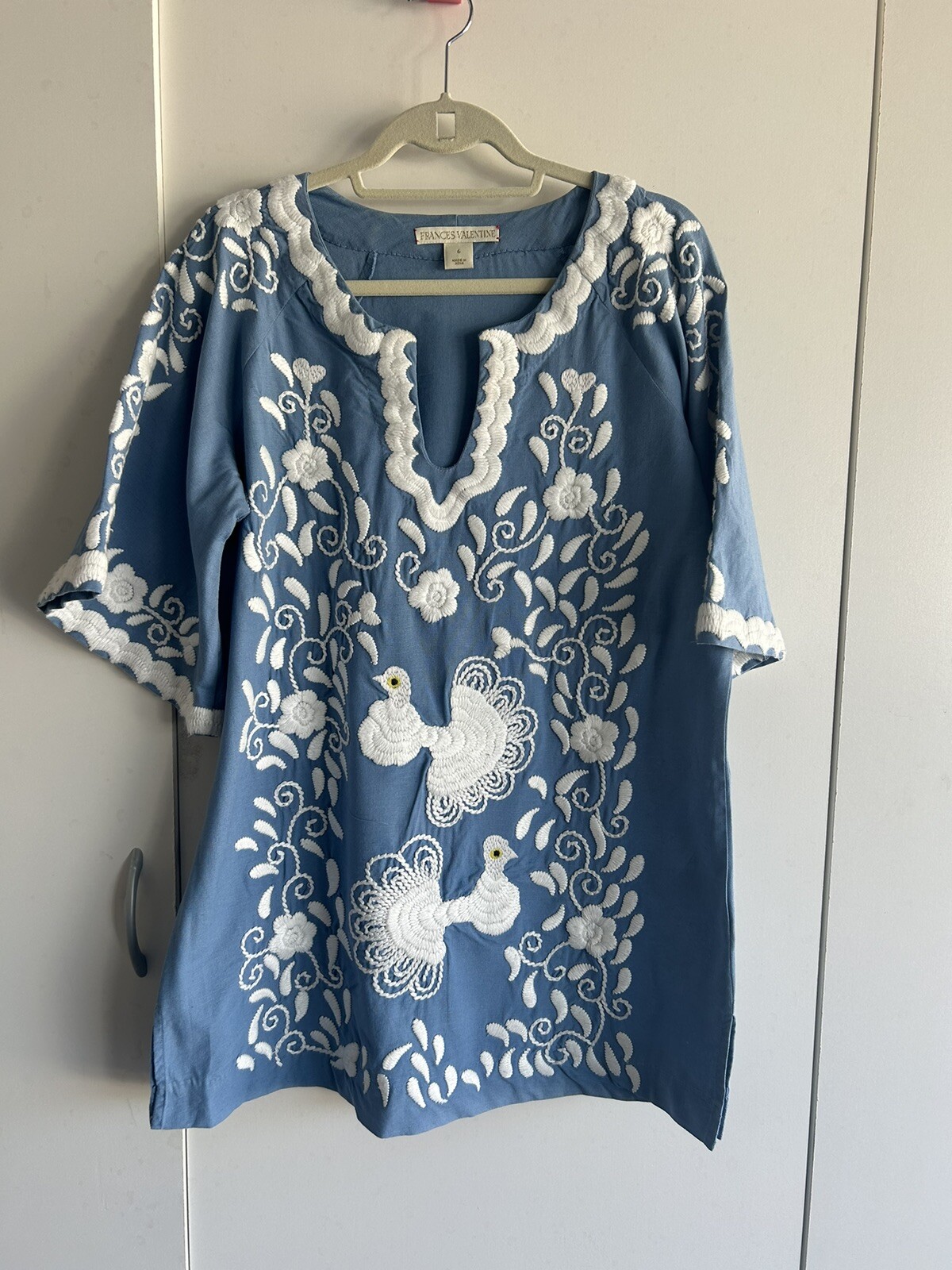 Frances Valentine Size 6 Dove Floral Light Blue White Tunic Caftan Dress