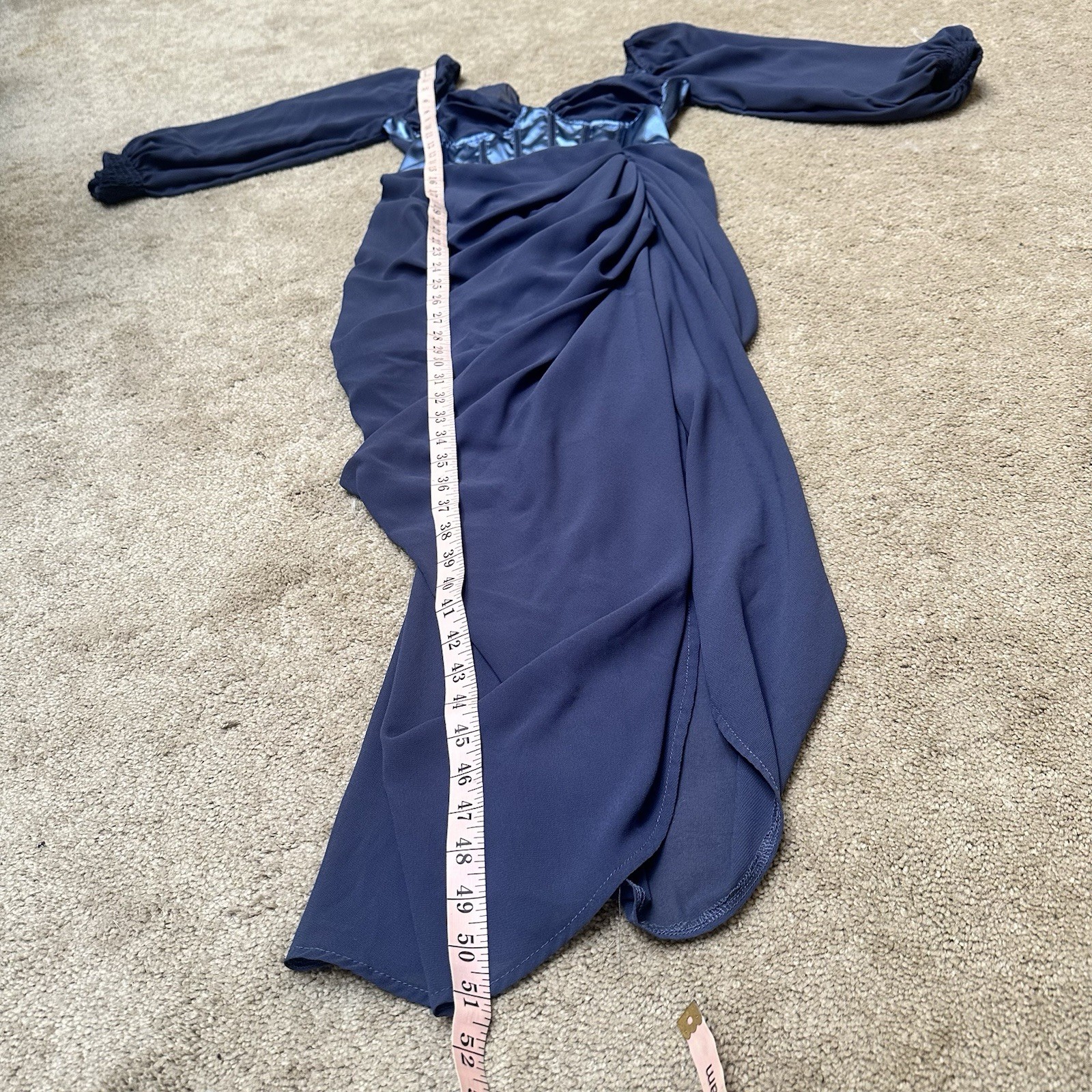 Pretty Little Thing Blue Satin Corset Chiffon Mesh Draped Bodycon Midi Dress 8 M