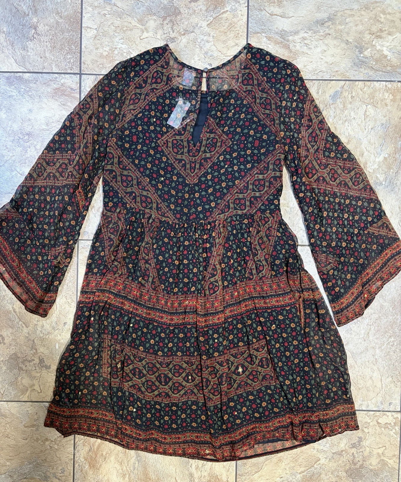 Akemi + Kin Black Multicolor Floral Sheer Chiffon Shift Dress Square Neck M