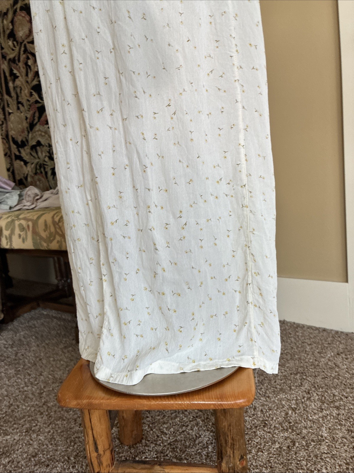 Sacred Threads Maxi Dress Boho Cottage 70s Hippie White Tiny Yellow Daisies