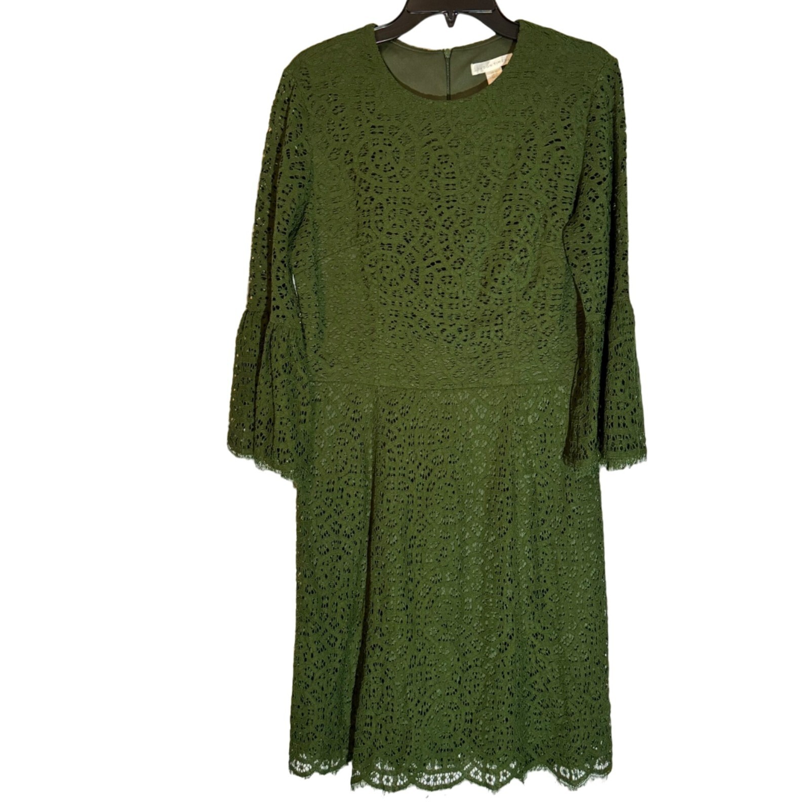 London Times Size 10 Green Lace Bell Sleeve Dress Cotton & Nylon Blend