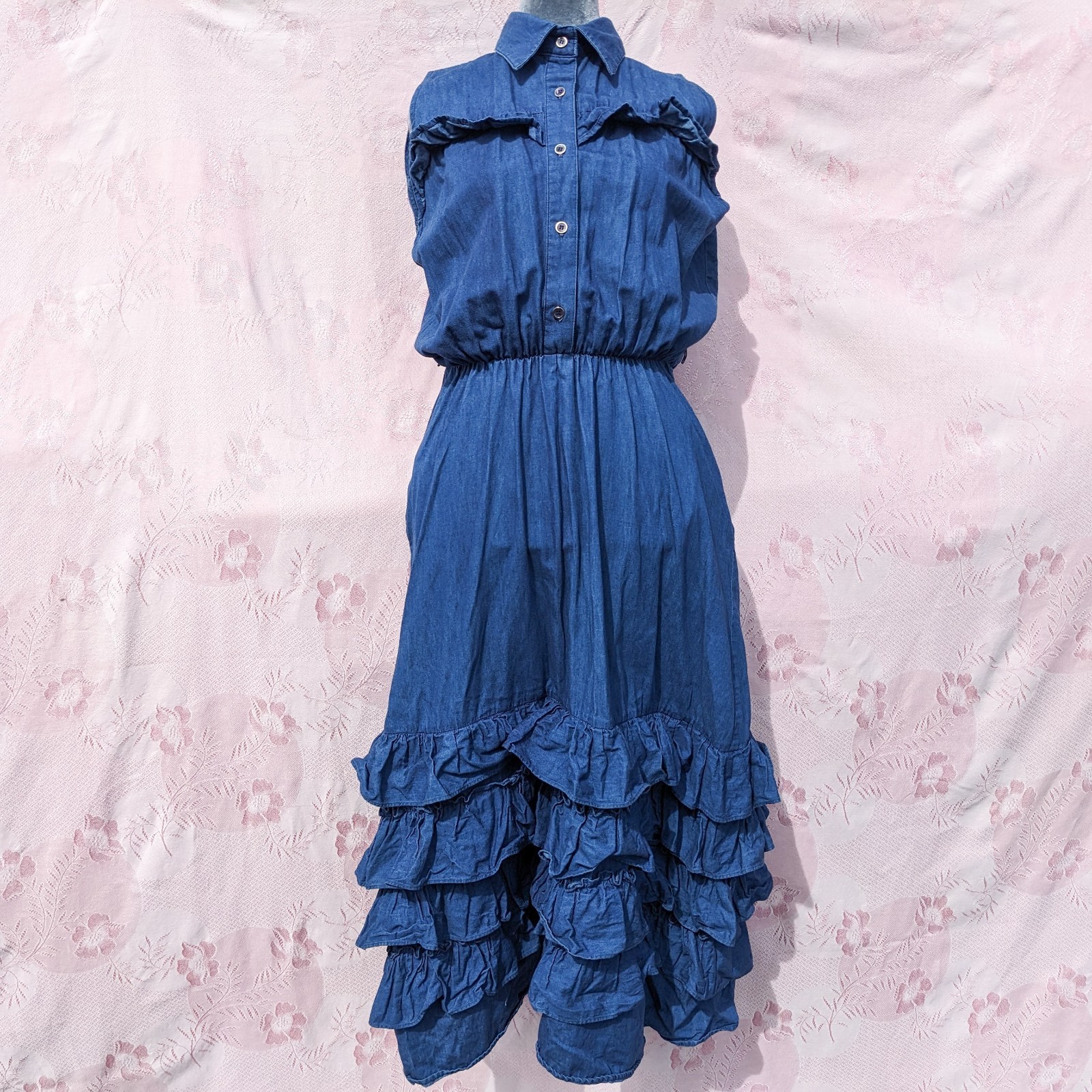 Vintage Denim Prairie Maxi Dress M L Cottagecore Tiered Ruffle Western Pockets