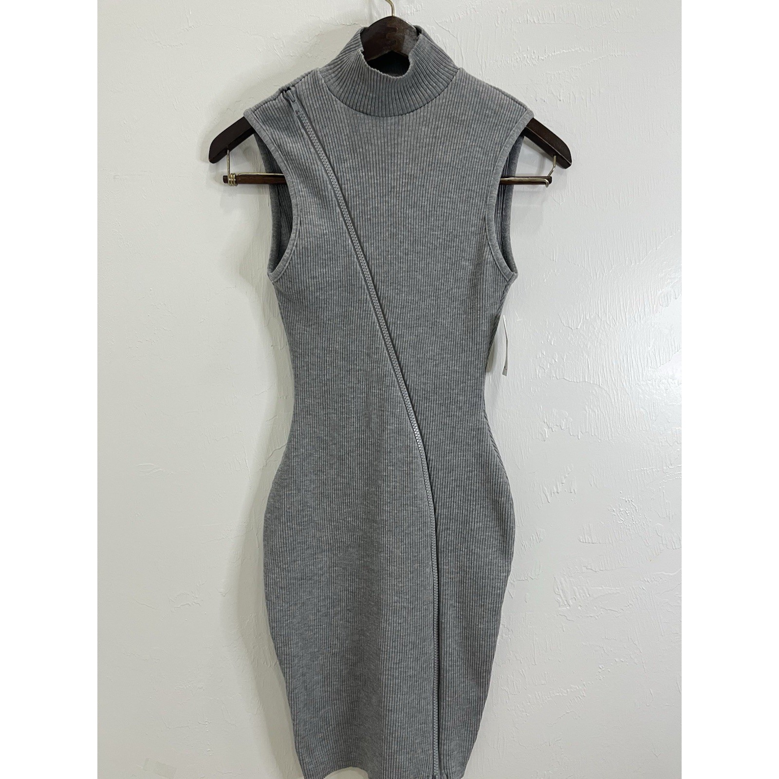 Pretty Knit Bodycon Dress Womens Large Gray New Open Back Ribbed Zip Front