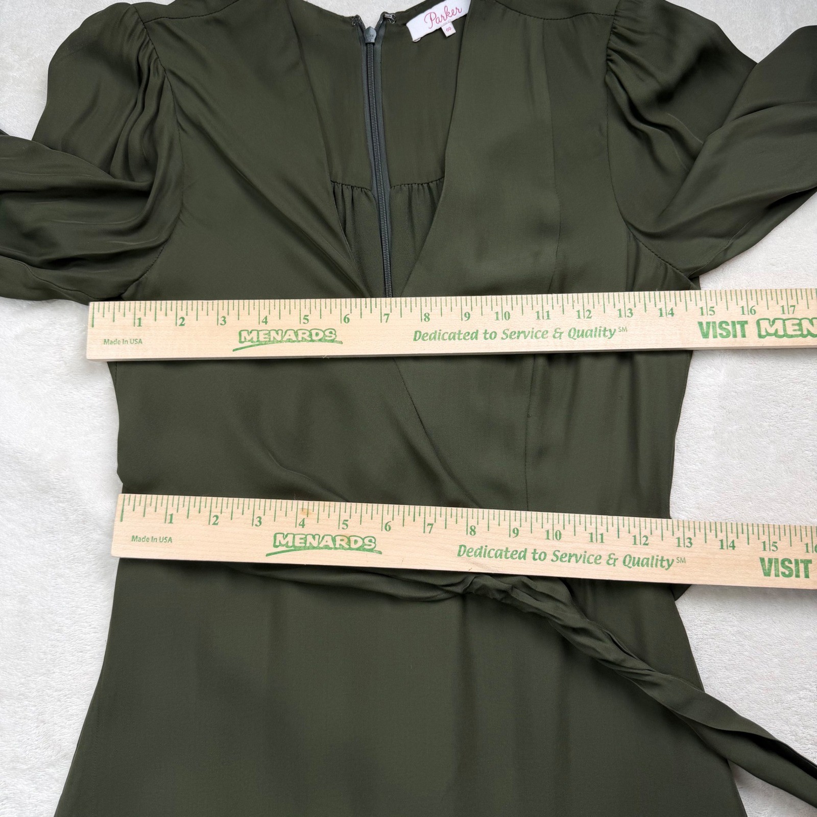 Parker Silk Blend Olive Green Long Sleeve Ruffle Faux Wrap Mini Dress Size S