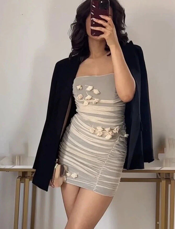 Zara Mesh Sleeveless Folds 3D Flower Mini Dress