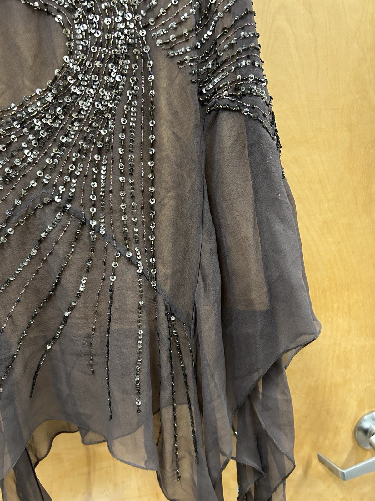 VTG Cassandra Stone 100% Silk Beaded Sequin Halter Brown Dress 4 Ruffle Fairy