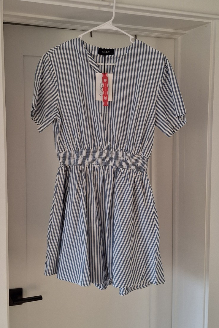 Cider Blue & White Striped V-Neck Short Sleeve Smocked Fit & Flare Dress M