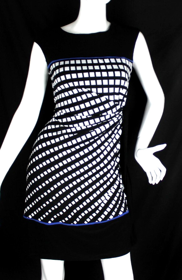 {R&K} Dress Sheath Sz S Black/Wht/Blue Pattern Side Tie Jersey Stretch Summer