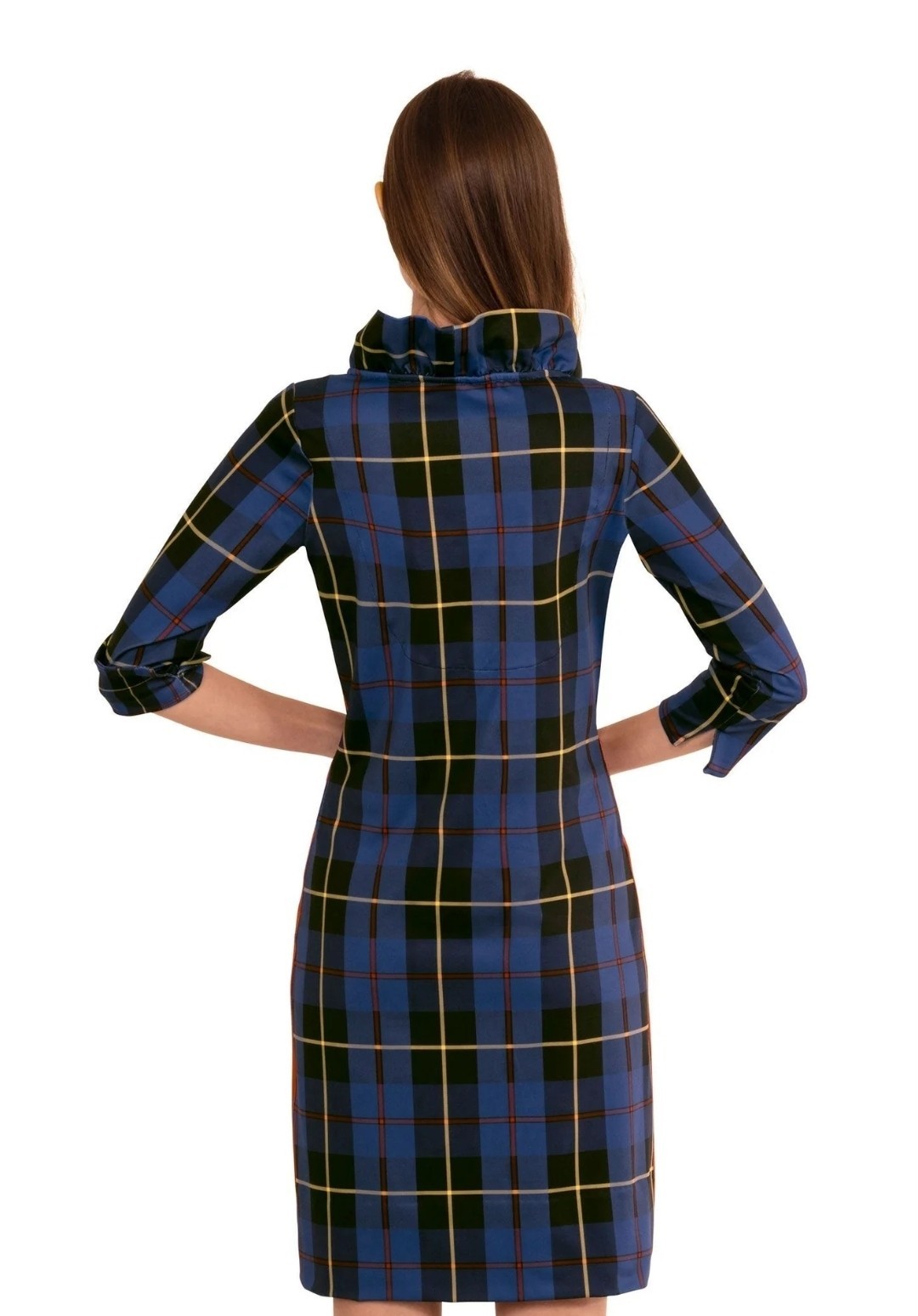 Gretchen Scott Dress M Navy Plaid Comfy Jersey Knit Ruffleneck Dress 3/4 Sleeves