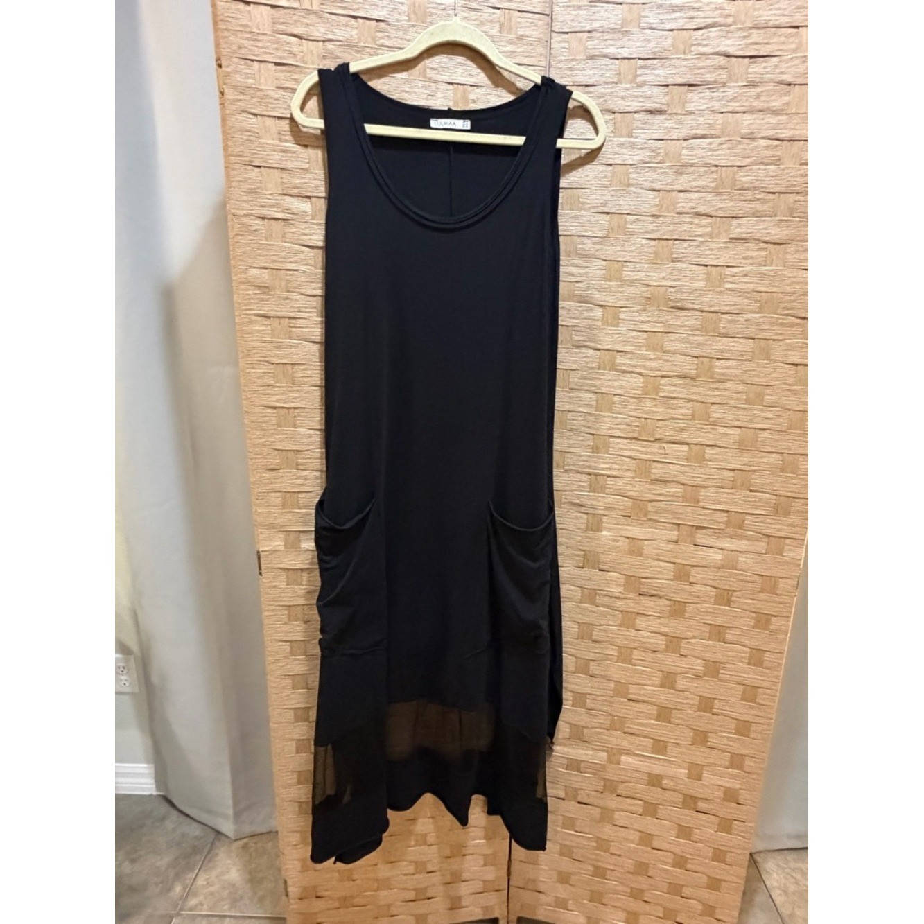 LUUKAA Black Maxi Dress Size 10 Sheer Hem Pockets Minimalist Luxe Sleeveless