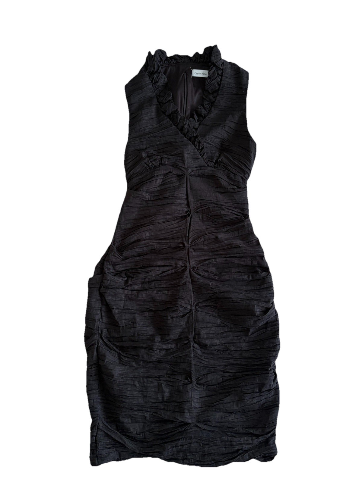 Calvin Klein Black Sheath Dress V-Neck Ruched Ruffle Sleeveless