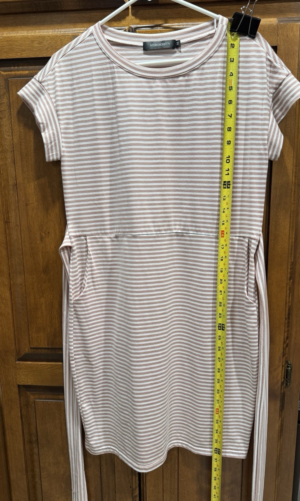 Women’s New Medium Merokeety Dress Pink & White tie Stripe Short sleeve, pockets
