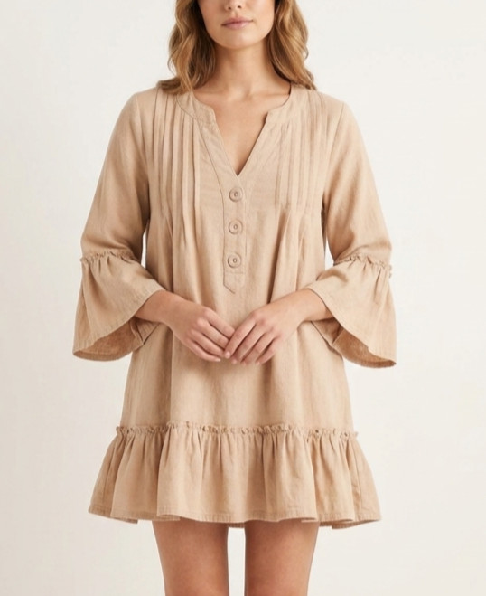 Boho Linen Tunic Top Tan Beige Pintuck Bell Sleeve Ruffle Mini Dress Smock